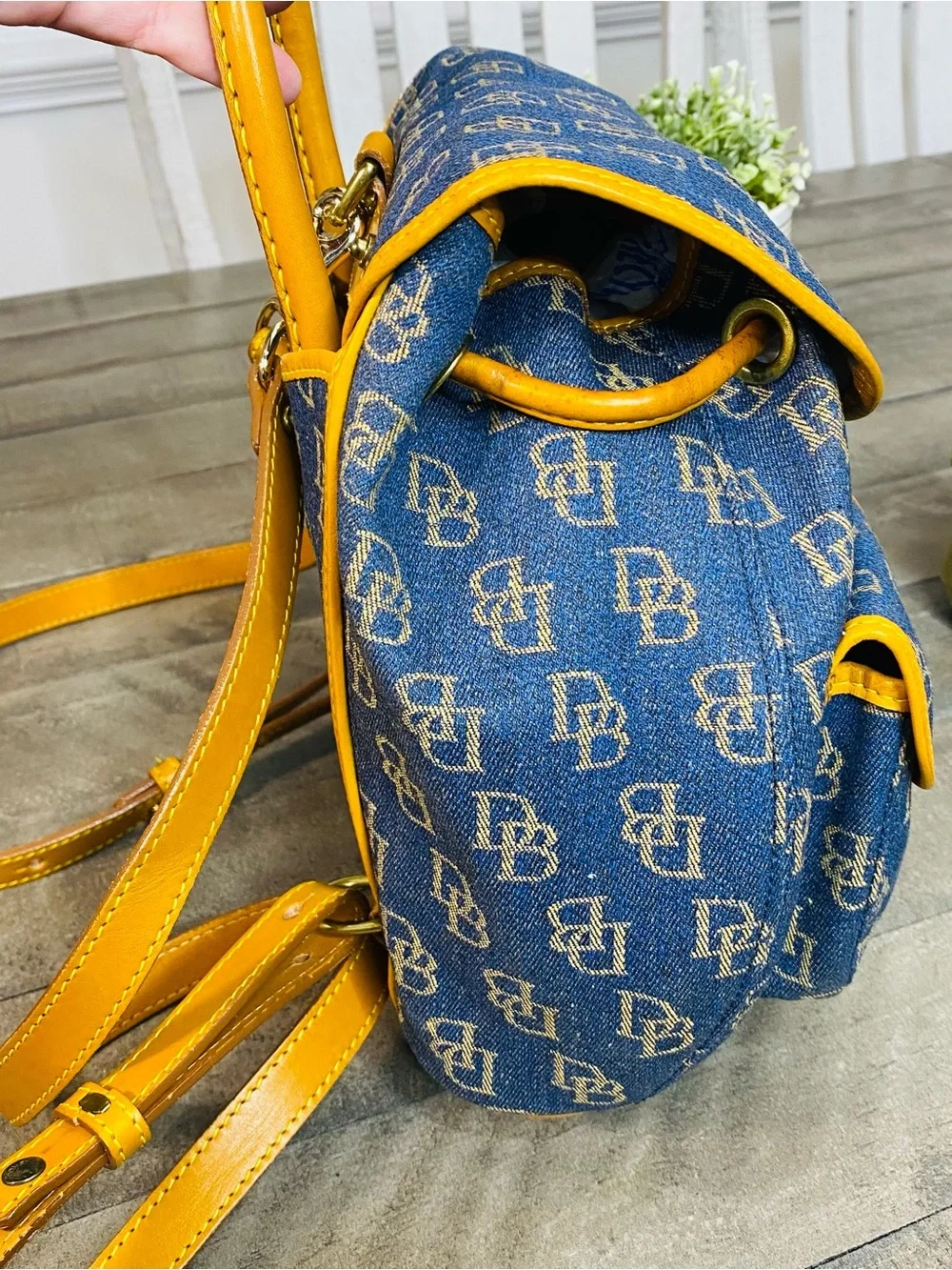 Vintage Dooney & Bourke Denim Monogram Backpack Purse DB Canvas Tan Leather Trim